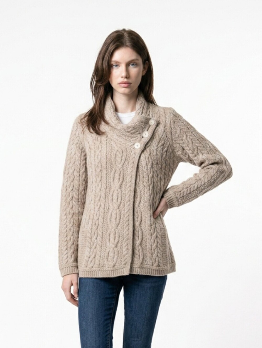 Aran Mor 100% Merino Wool Irish Cable Knit Crossover Cardigan